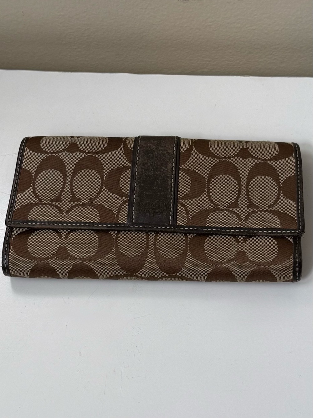 Coach Signature Wallet Brown Tan Tri Fold Snap Zip Leather Vintage Logo